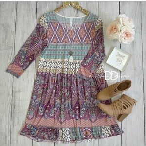 3/4 sleeve ruffle dress with lace trim, XL